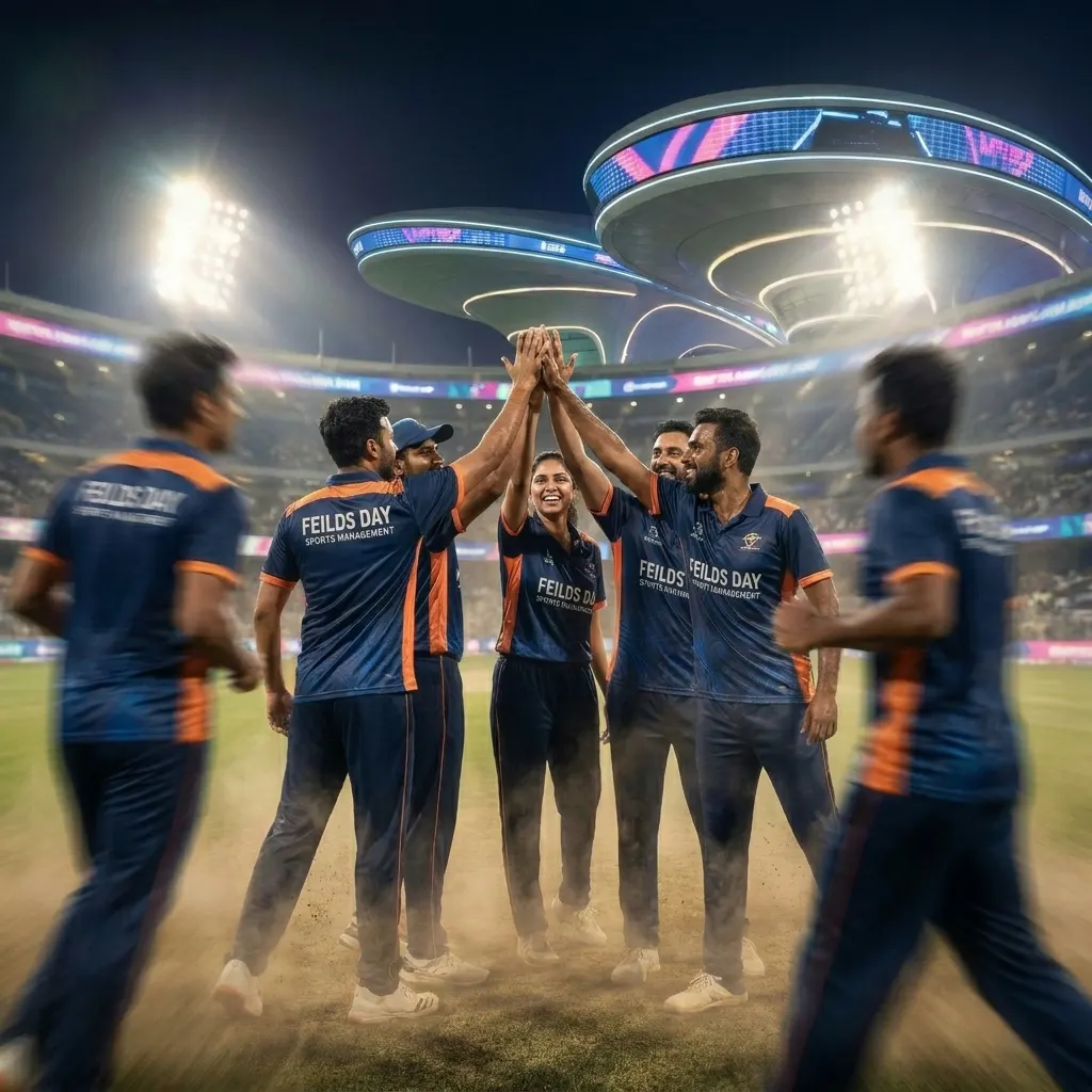 FieldsDay corporate sports event, a team celebrating under stadium floodlights